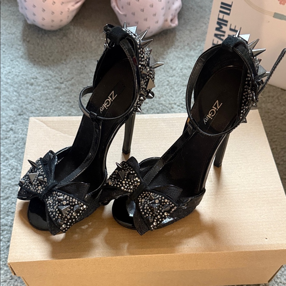 Black Spiked Heels with Bows